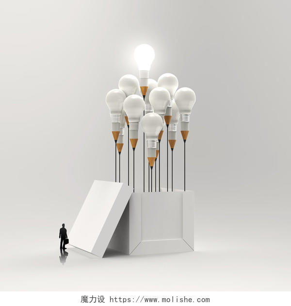 看 3d 的铅笔和灯泡概念 作为创意和领导力的概念盒子外面的商人领导力提升